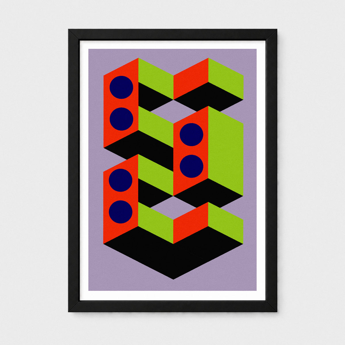 Framed geometric art print featuring a isometric block pattern in red, lime green, black, and navy blue on a lavender background, enclosed in a black frame with a white mat.
