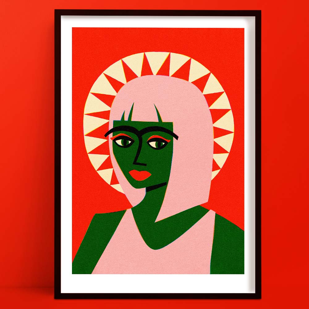 a Girl green portrait is a Bold piece, featuring pink-haired woman with green skin and sunburst halo on red background