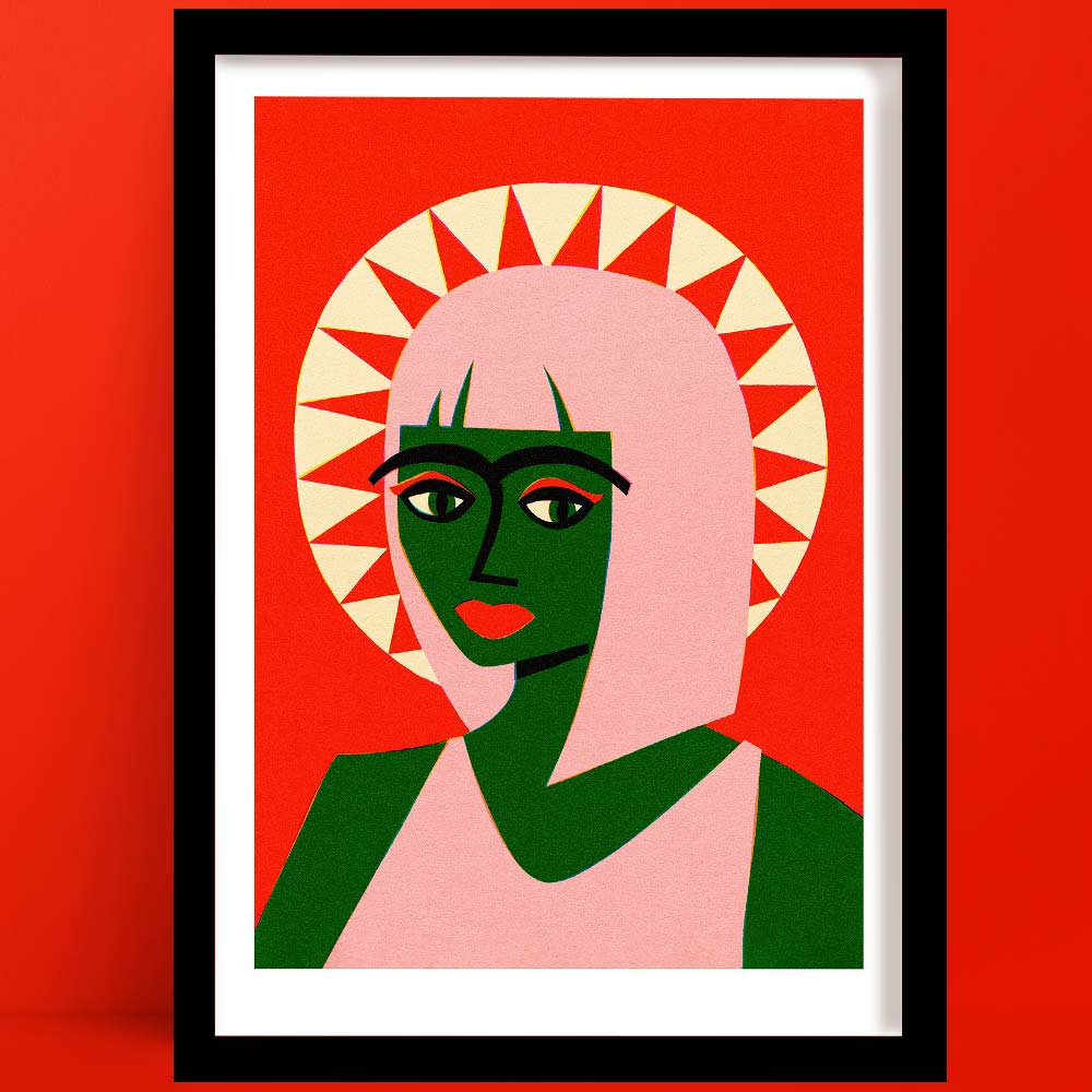 a Girl green portrait is a Bold piece, featuring pink-haired woman with green skin and sunburst halo on red background