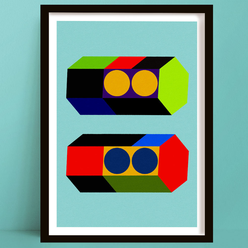 Framed abstract art print with geometric shapes on a light blue background