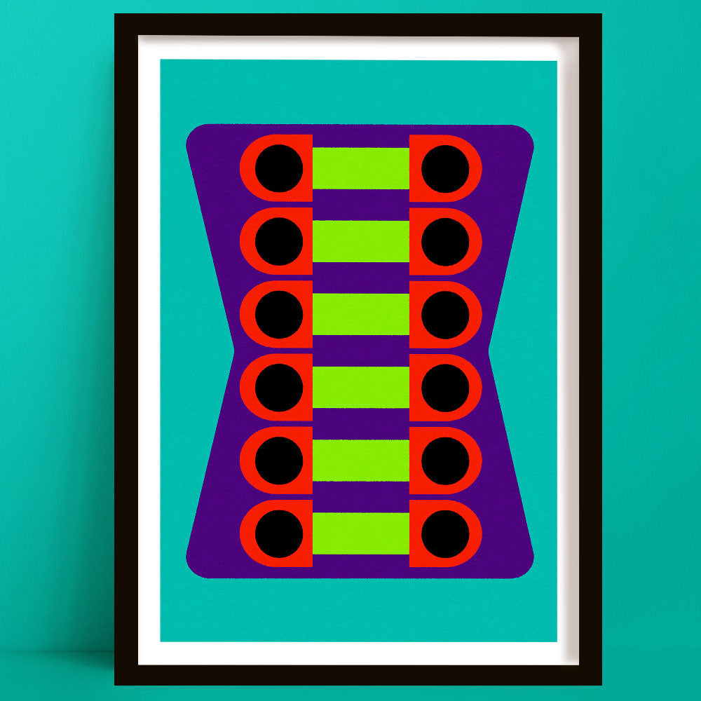 Geometric abstract design with colorful shapes on a teal background