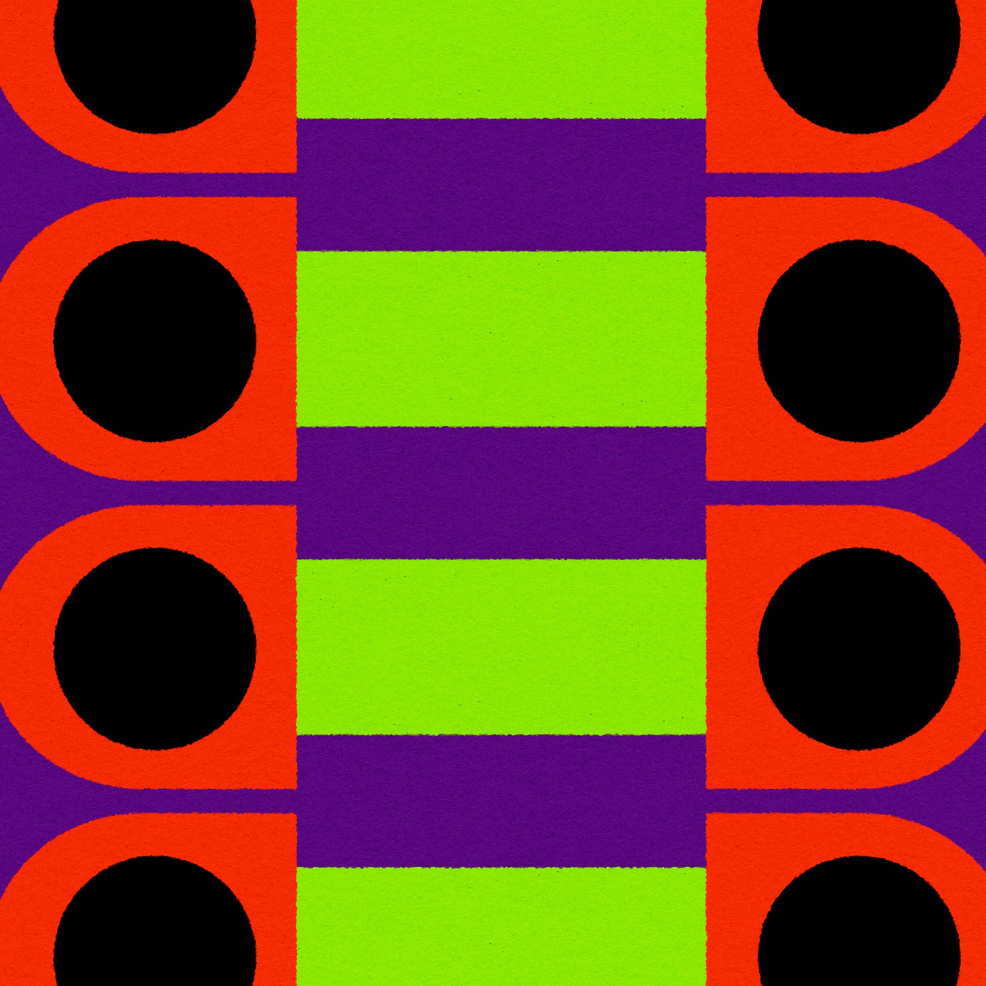 Colorful pattern with red circles on a green and purple background