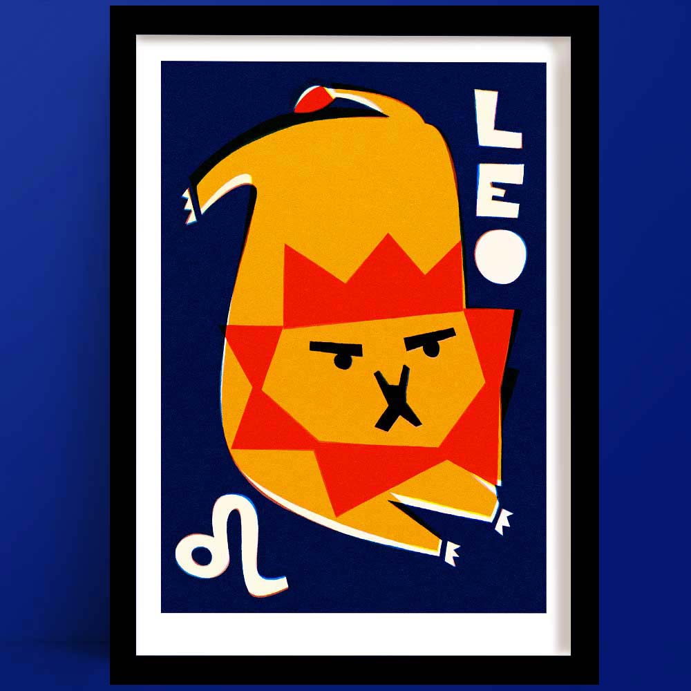 Leo star sign print featuring a stylised lion face with red mane and golden body, surrounded by bold white text and symbols on a navy background.