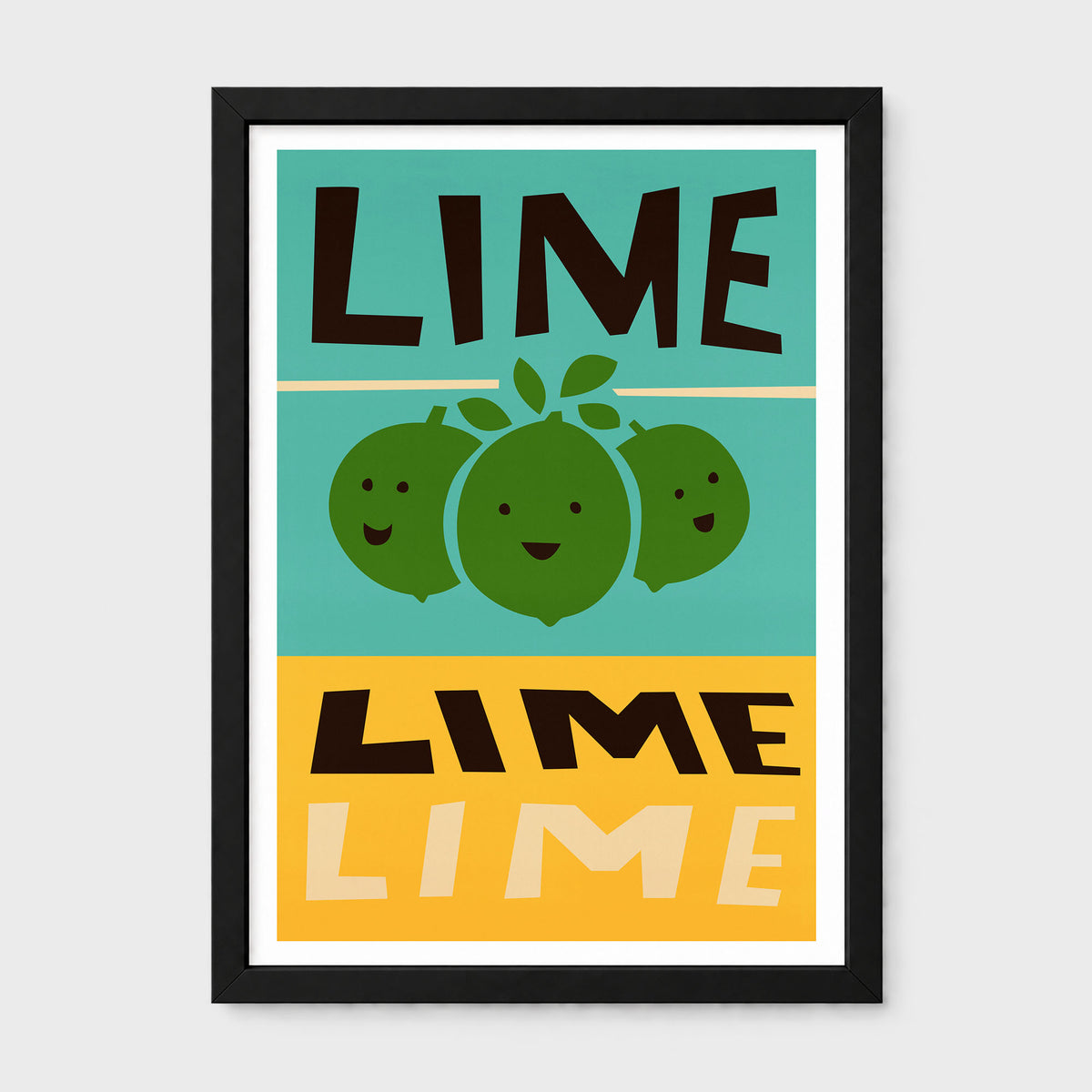 A framed graphic art print featuring three smiling limes on a split teal and yellow background with the word 'LIME' in bold black and cream lettering, shown against a light gray wall.