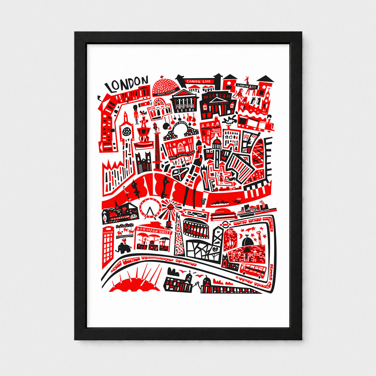 A framed art print featuring a stylized red and black London map illustration on a white background, enclosed in a black frame against a light gray wall.