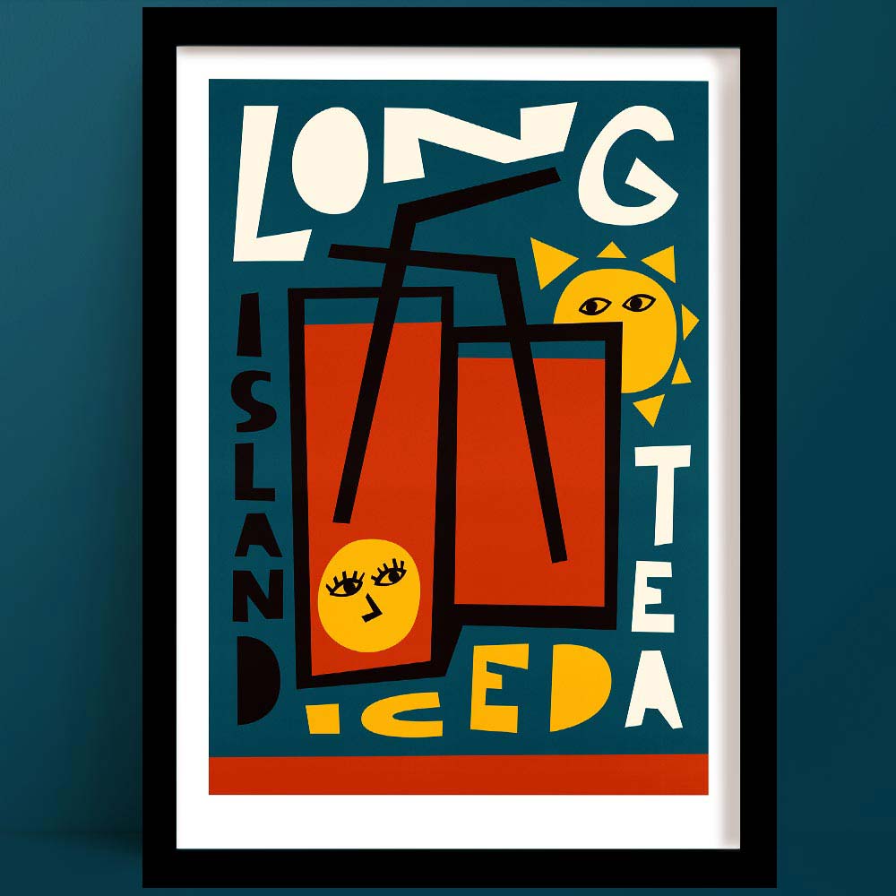 Long Island Iced Tea print featuring playful typography, tall drink with black straws, lemon slice face, and sunny colour palette on teal background.