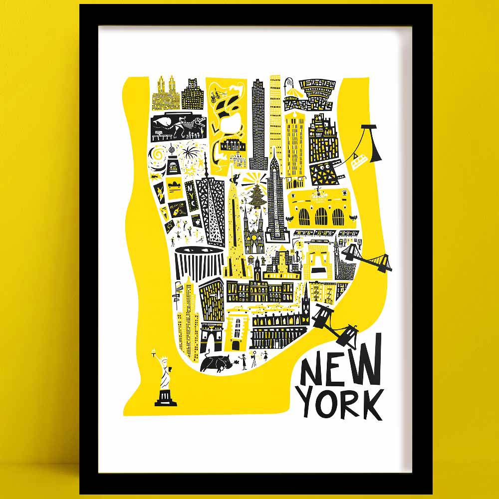 Our Manhattan new york map poster is a bold yellow silhouette, featuring iconic buildings and landmarks, drawn in a lively hand-cut style with crisp black lines.