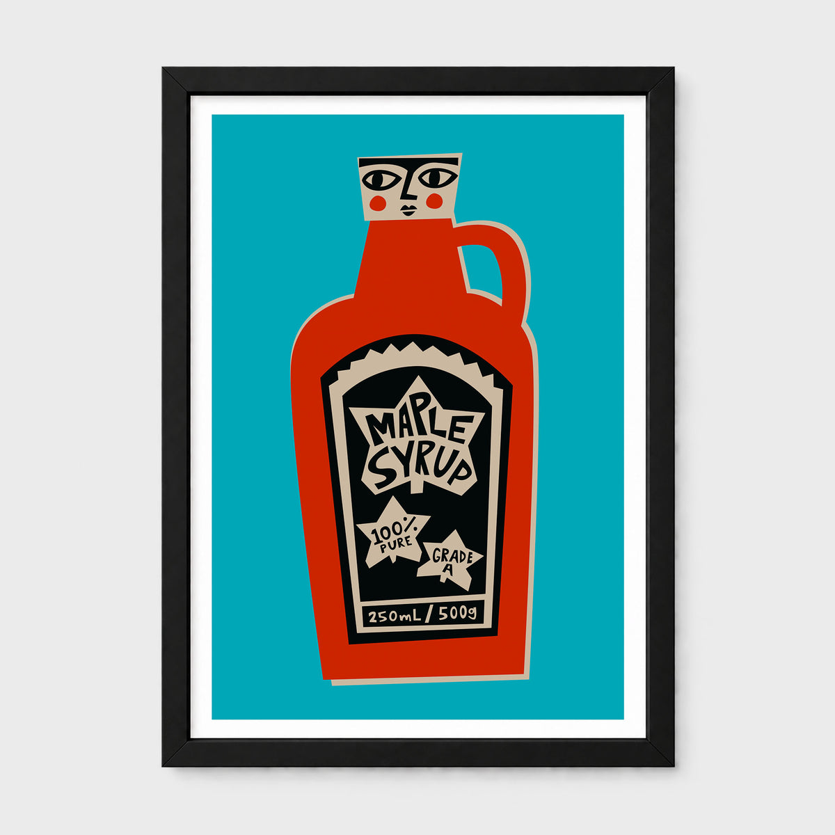 Framed art print featuring a stylized red maple syrup bottle on a bright turquoise background, shown in a black frame against a light gray wall.