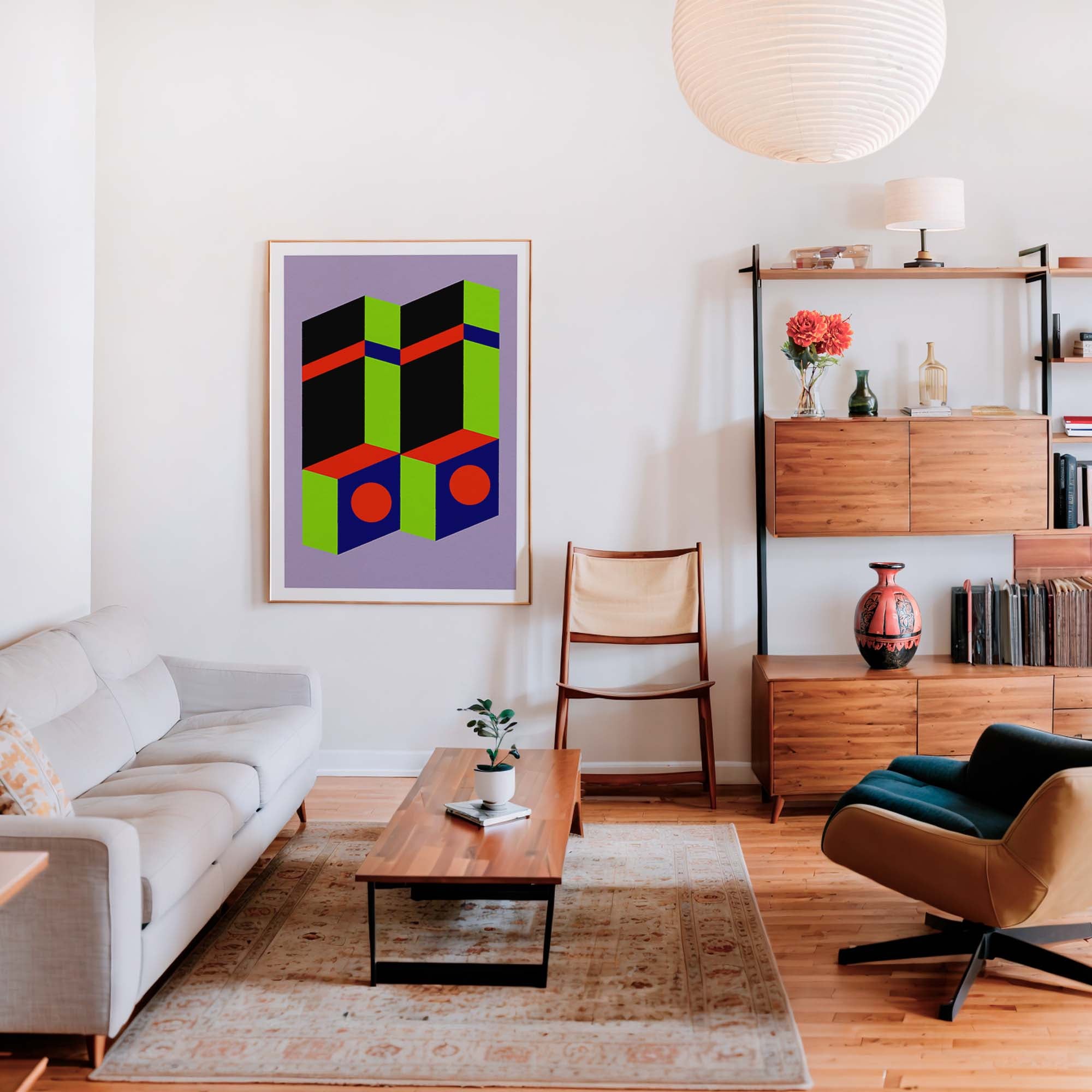 Modern living room with a colorful abstract painting, white sofa, wooden coffee table, and bookshelf.