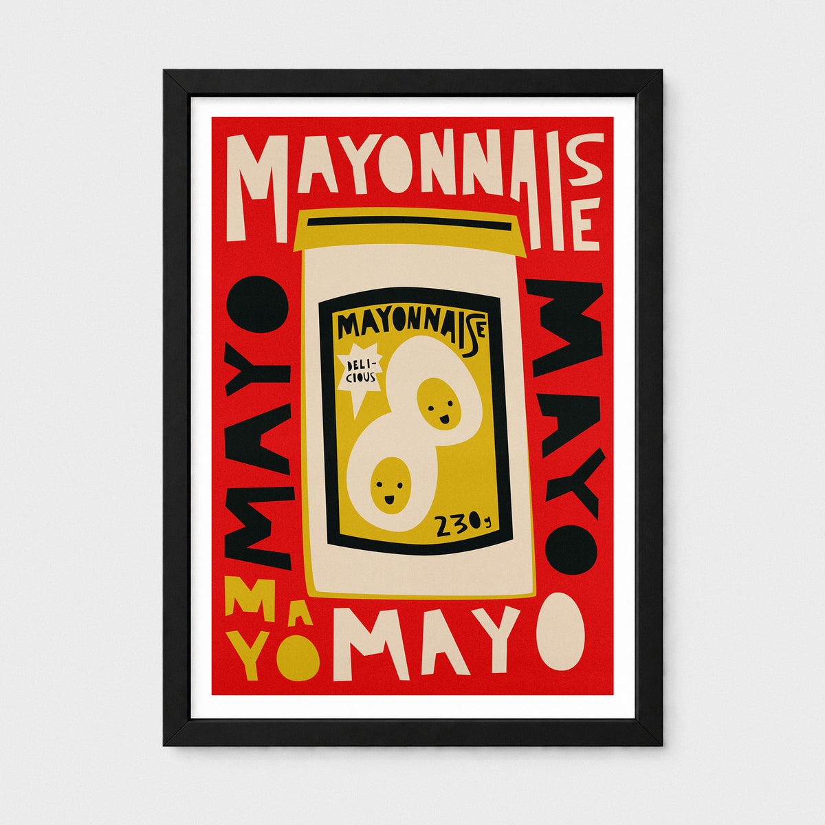 A framed vintage-style Mayonnaise poster with bold red, cream, yellow, and black typography and illustration, shown against a light gray background.