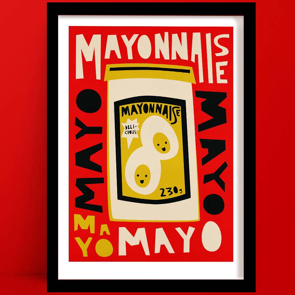 Framed Mayo Typography Print poster with a stylized mayonnaise jar and text on a red background
