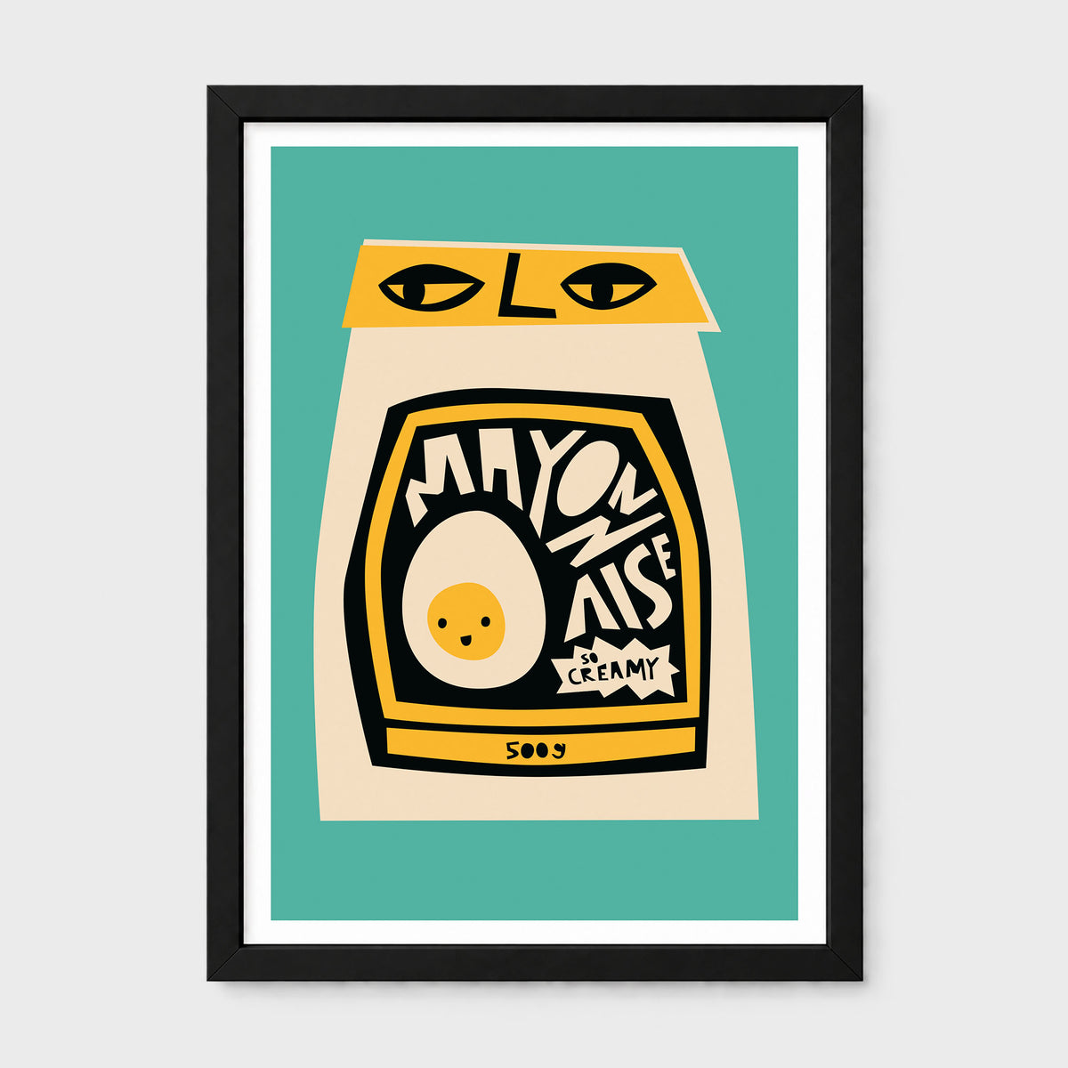 A framed art print featuring a stylized illustration of a mayonnaise jar with a cute cartoon egg face on the label, set against a teal background with a black frame and white mat.