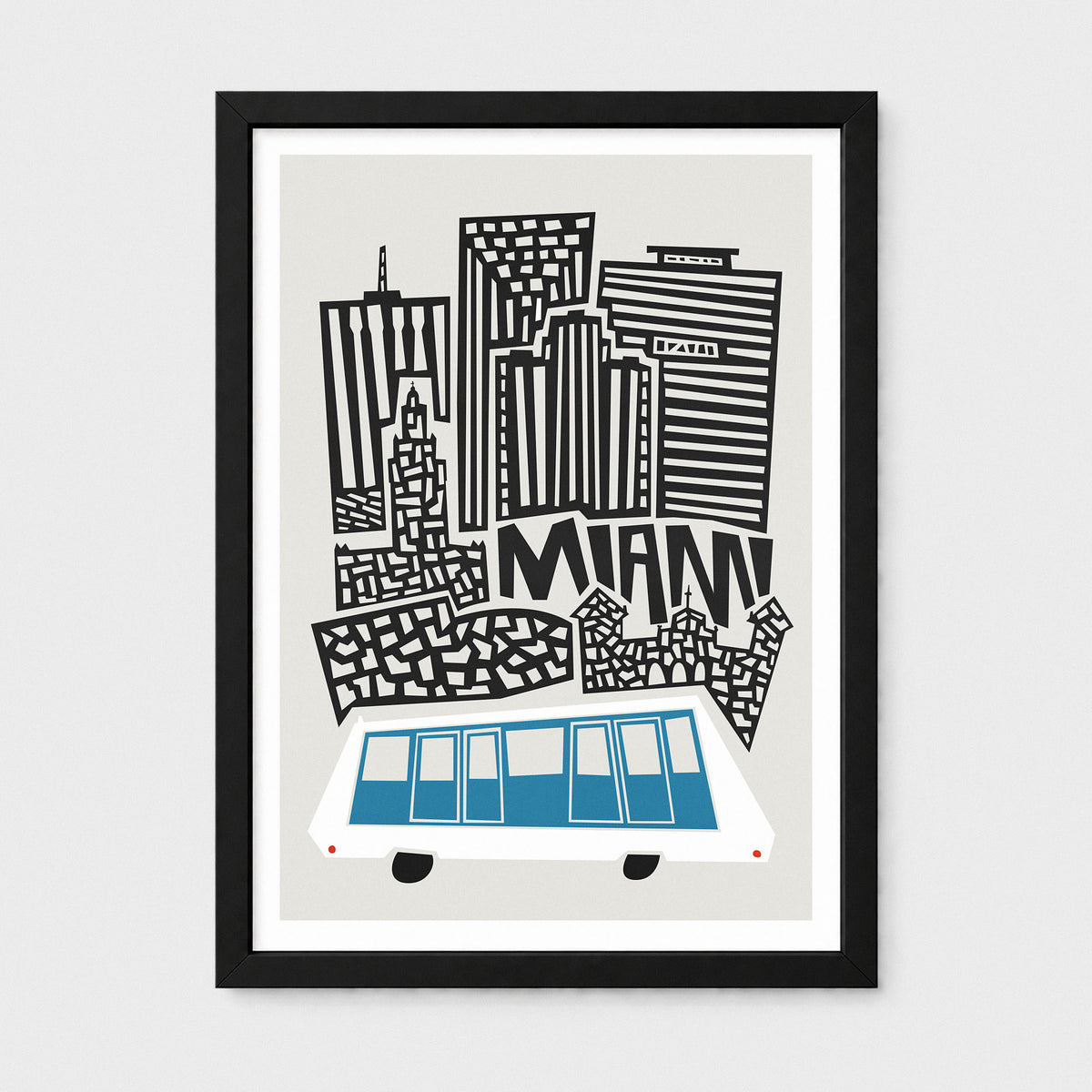Framed art print featuring a stylized black and white Miami skyline with a blue and white bus at the bottom, shown against a light gray background.