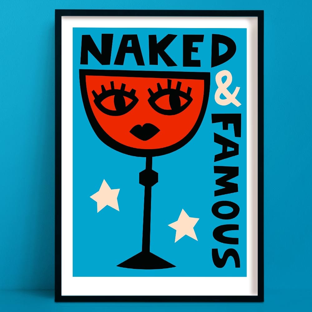 A Naked & Famous Cocktail Print is a Bold and playful illustration of a Naked & Famous cocktail, featuring a vivid red glass with a stylised face and dramatic lashes, set against a rich blue background.