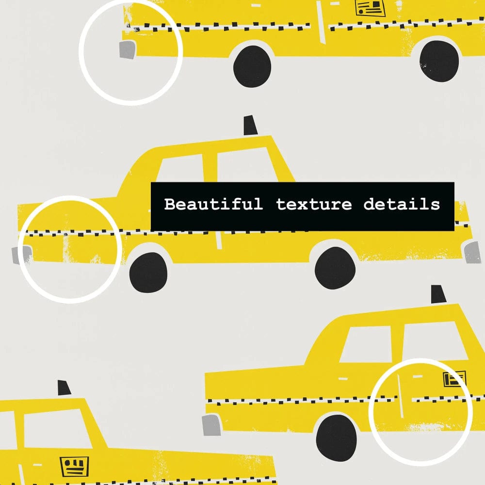 Detailed view of the New York NYC yellow taxi artwork showing rich textured details and crisp screen-printed style elements like tyres and checkerboard striping.