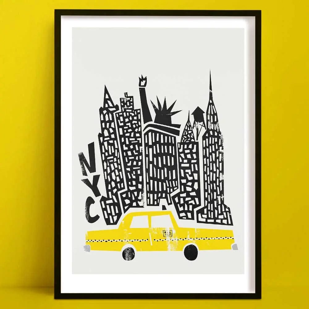 Our A New York Travel Poster is a Bold black-and-white illustration with City skyscrapers with a striking yellow taxi in the foreground, blending iconic imagery with playful charm.