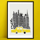 Our A New York Travel Poster is a Bold black-and-white illustration with City skyscrapers with a striking yellow taxi in the foreground, blending iconic imagery with playful charm.