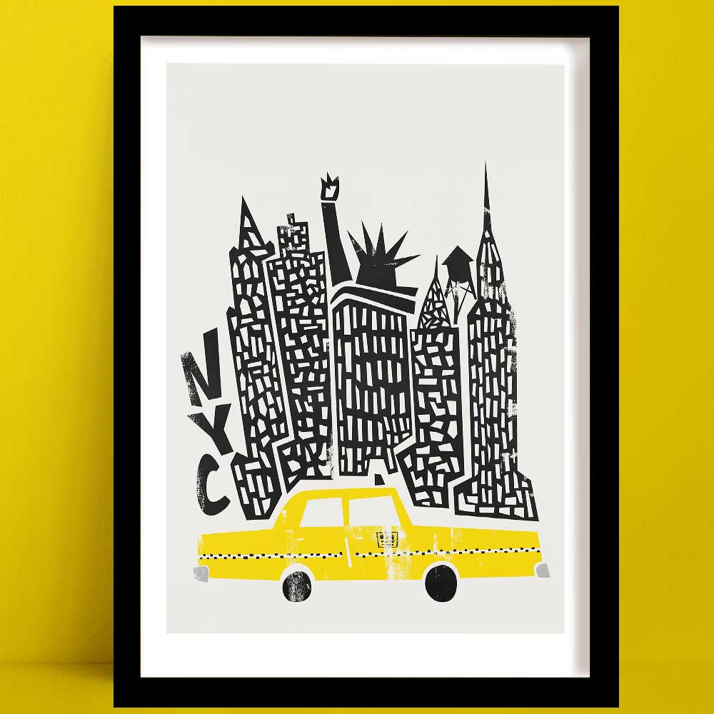 Our A New York Travel Poster is a Bold black-and-white illustration with City skyscrapers with a striking yellow taxi in the foreground, blending iconic imagery with playful charm.