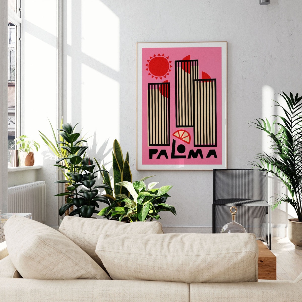modern apartment the vertical black-striped towers, stylised grapefruit slice, and radiant sun motif — celebrating the cocktail’s refreshing character visually.
