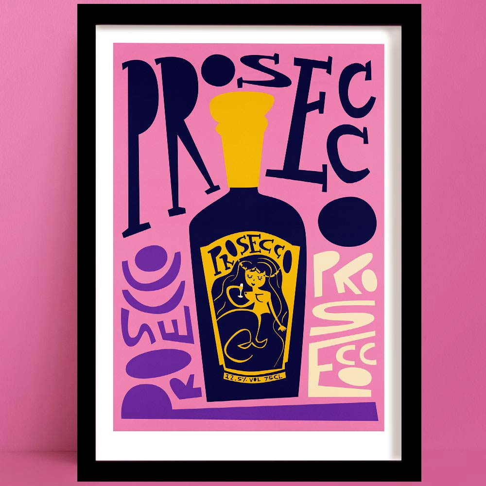 Bold prosecco print featuring playful type and a curvy figure, framed against a pink wall.