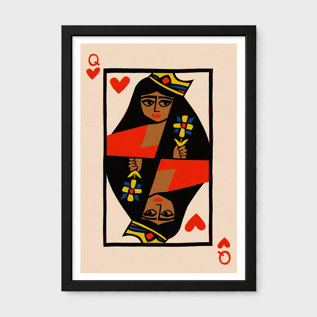 Framed art print of the Queen of Hearts playing card, featuring a stylized illustration of the queen with red hearts, a yellow crown, and a black dress on a beige background, enclosed in a black frame with a white mat.