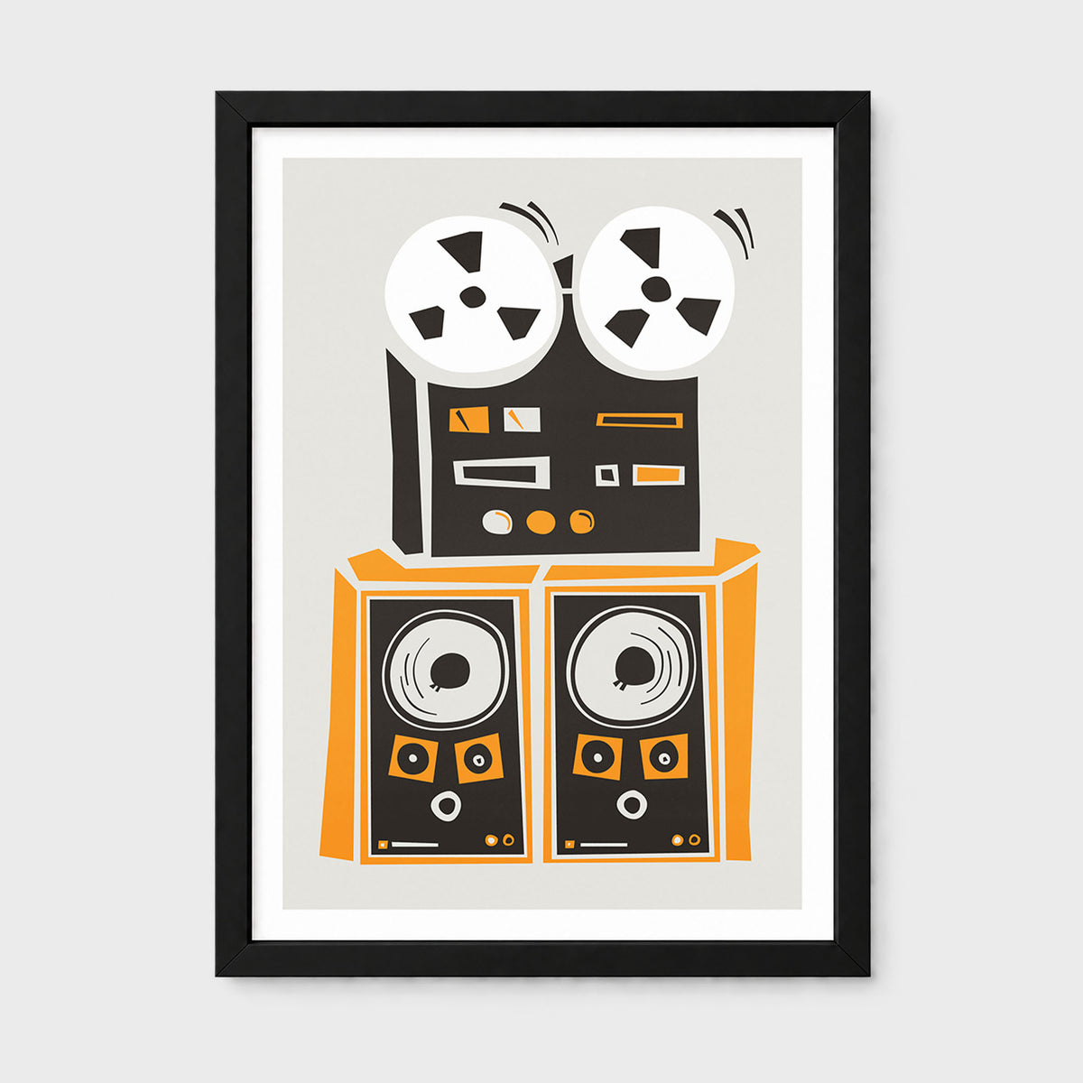 Framed wall art featuring a stylized illustration of a reel-to-reel tape recorder and two speakers in black, orange, white, and gray on a light gray background.