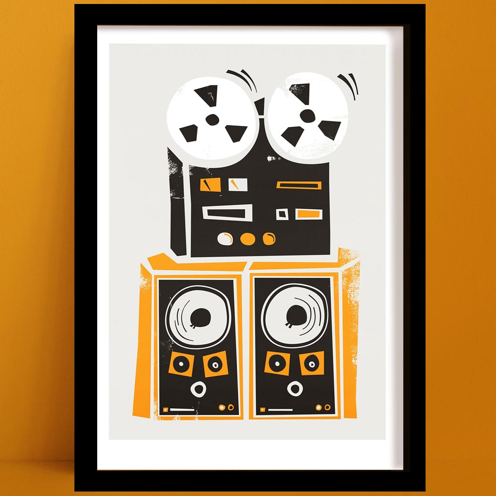 Framed retro Reel to Reel Player Print, tape deck illustration with bold black and orange speakers on a clean white background, displayed on an orange wall