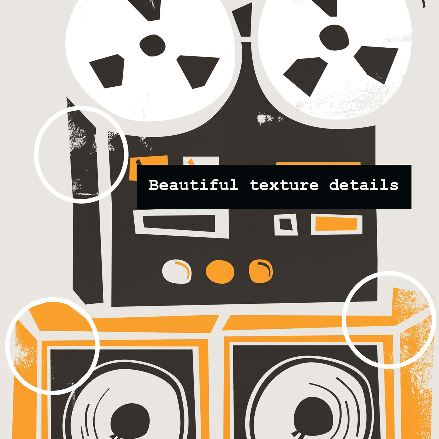 Close-up of the illustrated reel-to-reel machine with detailed spools, control panel, and stacked speakers in black, white, and orange