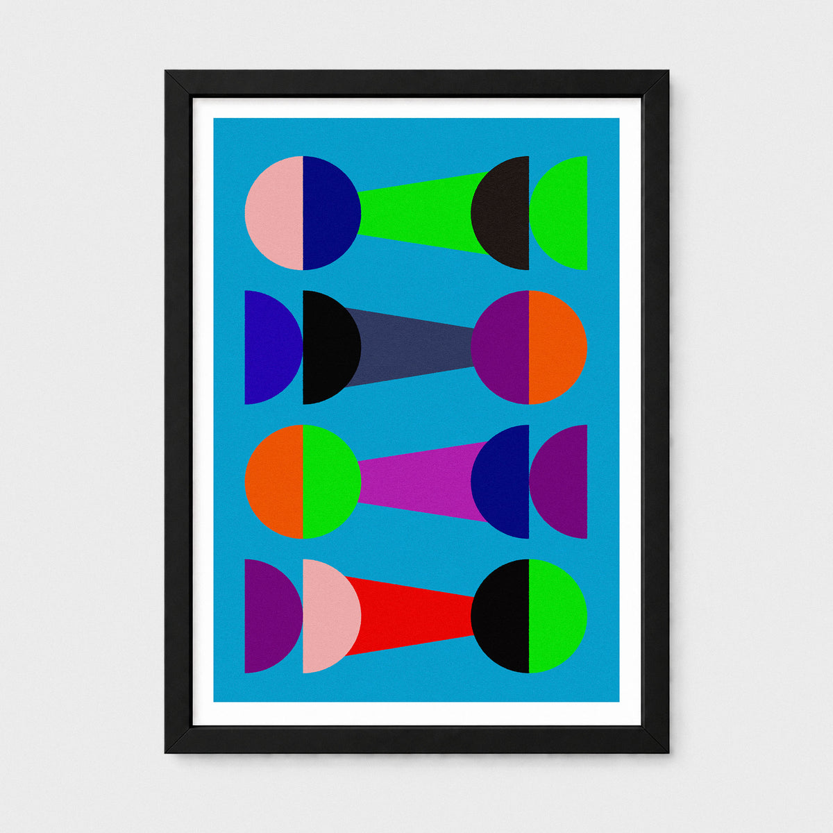 A framed minimalist art print featuring a geometric pattern of colorful semi-circles and trapezoids on a bright blue background, enclosed in a black frame with a white mat, shown against a light gray wall.