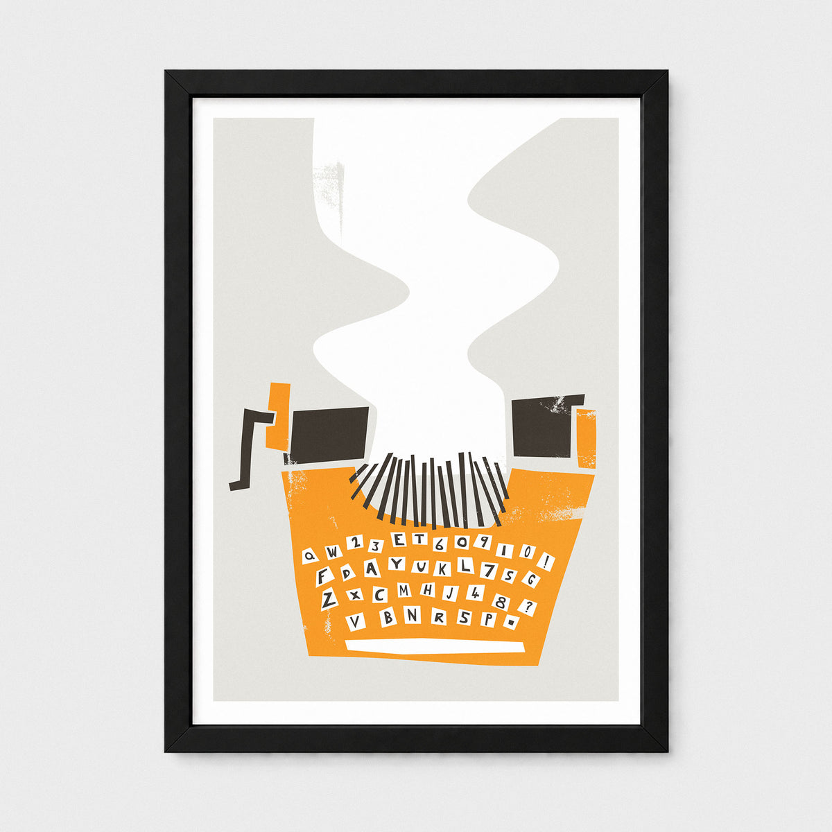 Framed typewriter art print featuring an orange typewriter with black and white keys, set against a light gray background with abstract white smoke shapes, in a black frame.
