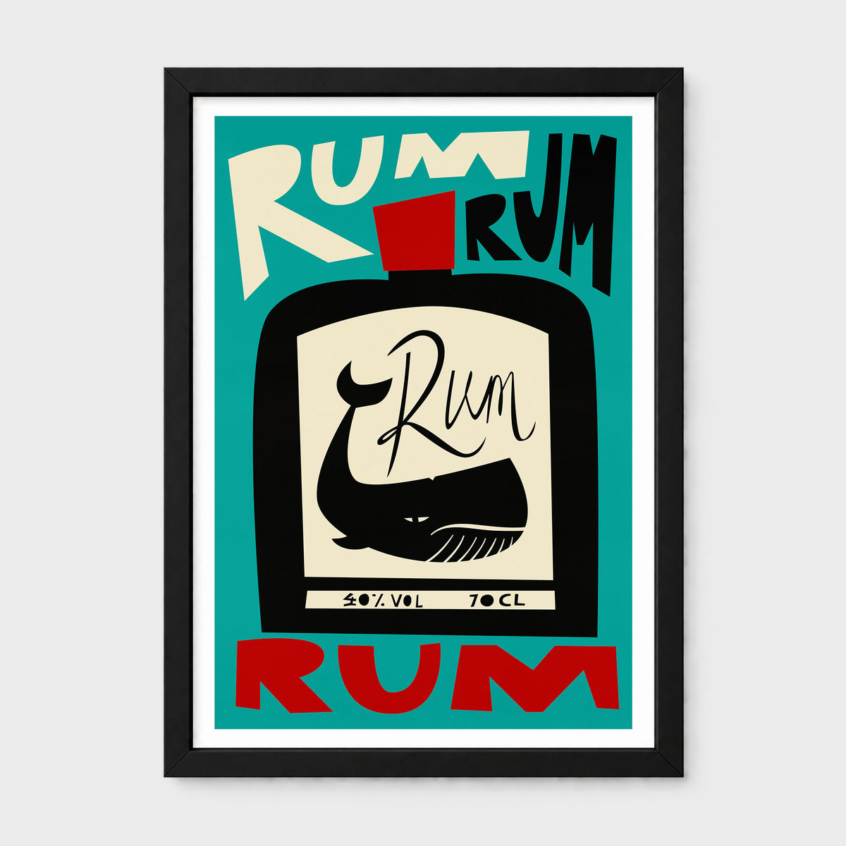 A framed art print featuring a stylized vintage-style rum bottle illustration with the word 'RUM' in bold cream and red lettering on a teal background, shown against a light gray wall.