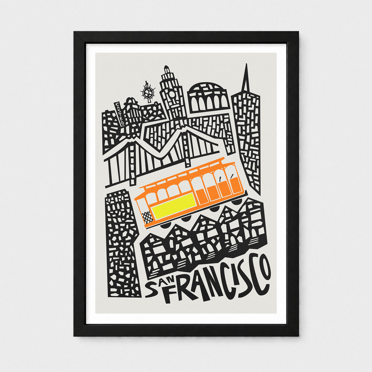 Framed San Francisco cityscape art print with black line drawings of buildings and a bright orange and yellow cable car on a light gray background, shown in a black frame against a light gray wall.