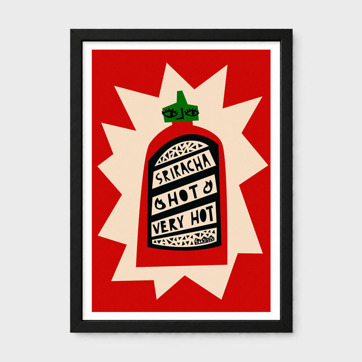 Framed art print featuring a stylized hot sauce bottle with the words 'SRIRACHA HOT VERY HOT' on a red and cream starburst background, shown in a black frame against a light gray wall.