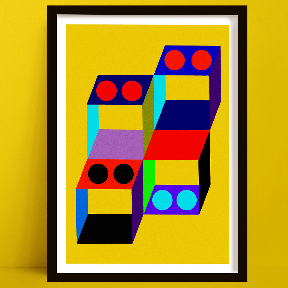 Framed abstract artwork with colorful geometric design on a yellow background