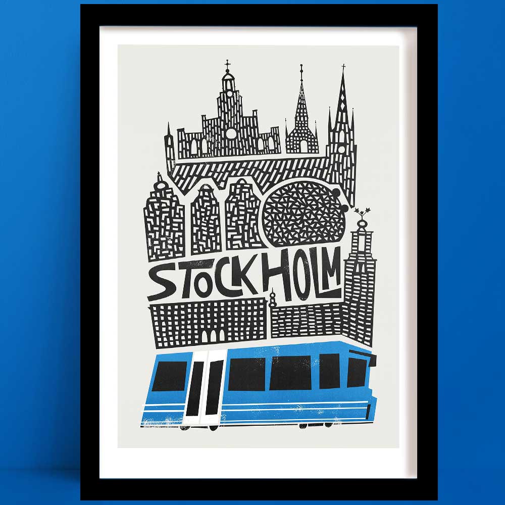 A hand-drawn black and white Stockholm print with detailed buildings and a bold blue tram crossing the foreground.