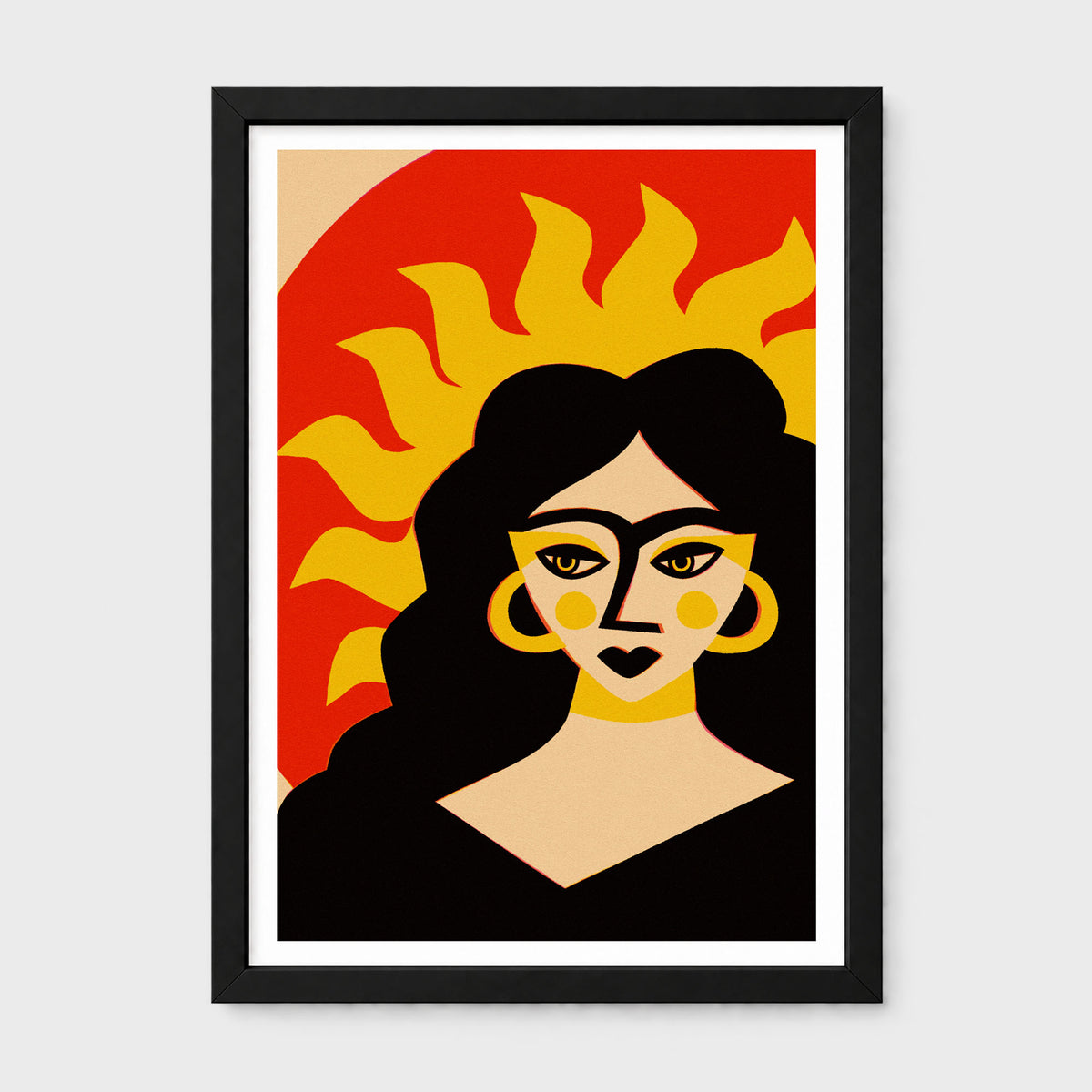 A framed art print featuring a stylized graphic portrait of a woman with a sun motif in the background, presented in a black frame against a light gray wall.