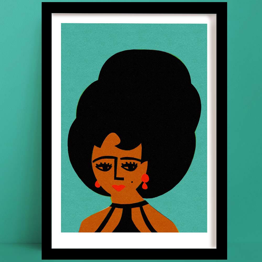 A Swinging 60's Girl Print, is a bold portrait, featuring woman with high beehive hairstyle, framed on teal wall.