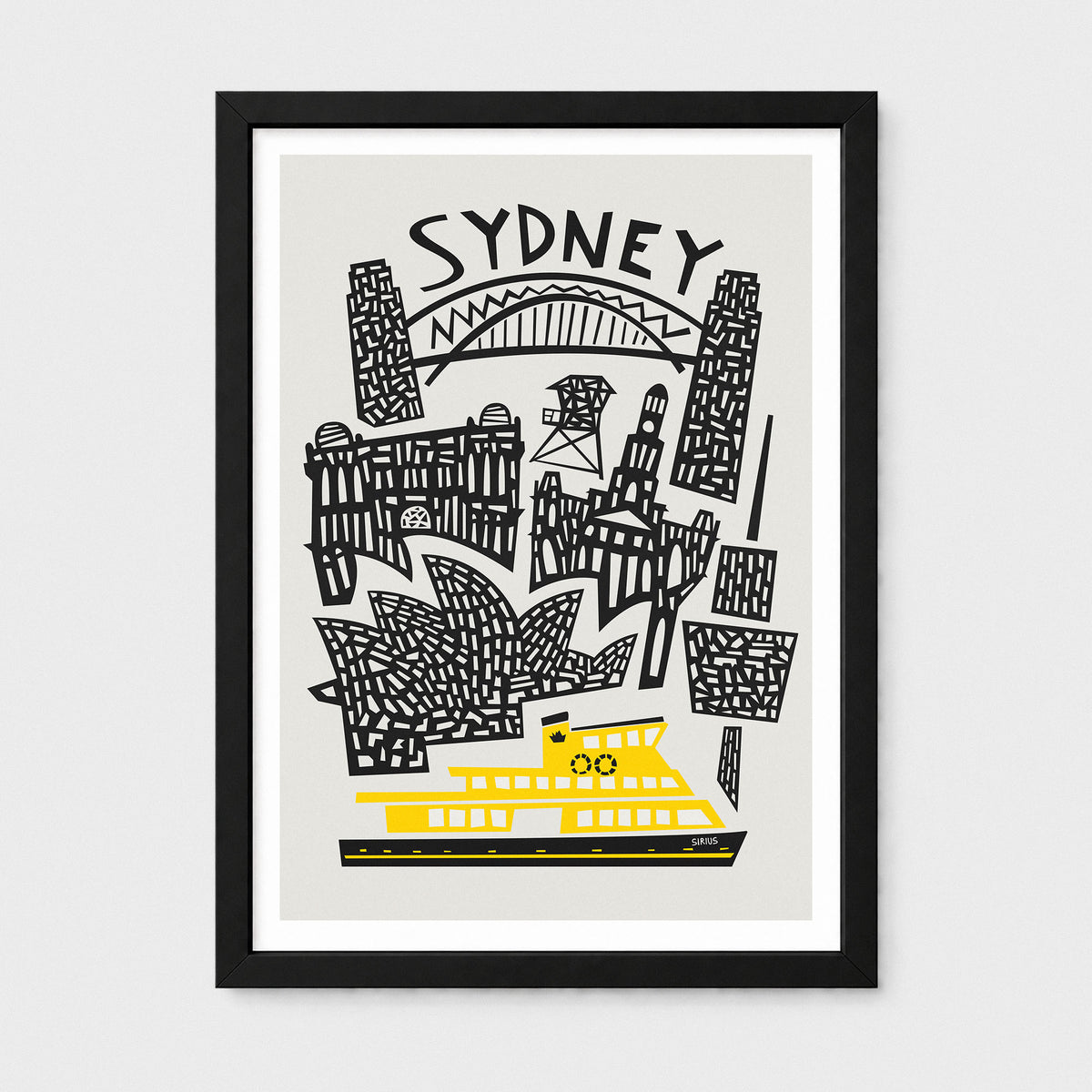 A framed Sydney cityscape art print featuring black line drawings of landmarks and a bright yellow ferry on a light gray background, shown in a black frame against a light gray wall.