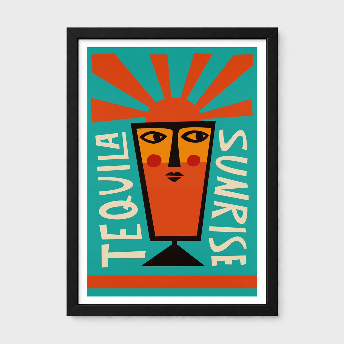 A framed art print featuring a stylized graphic illustration of a tequila glass with a face, surrounded by radiating orange rays and the words 'TEQUILA' and 'SUNRISE' on a teal background, shown in a black frame against a light gray wall.