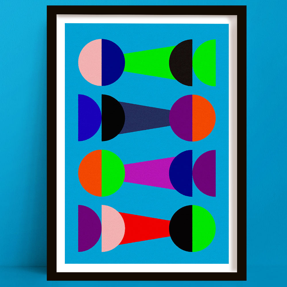 Framed abstract art with colorful geometric shapes on a blue background