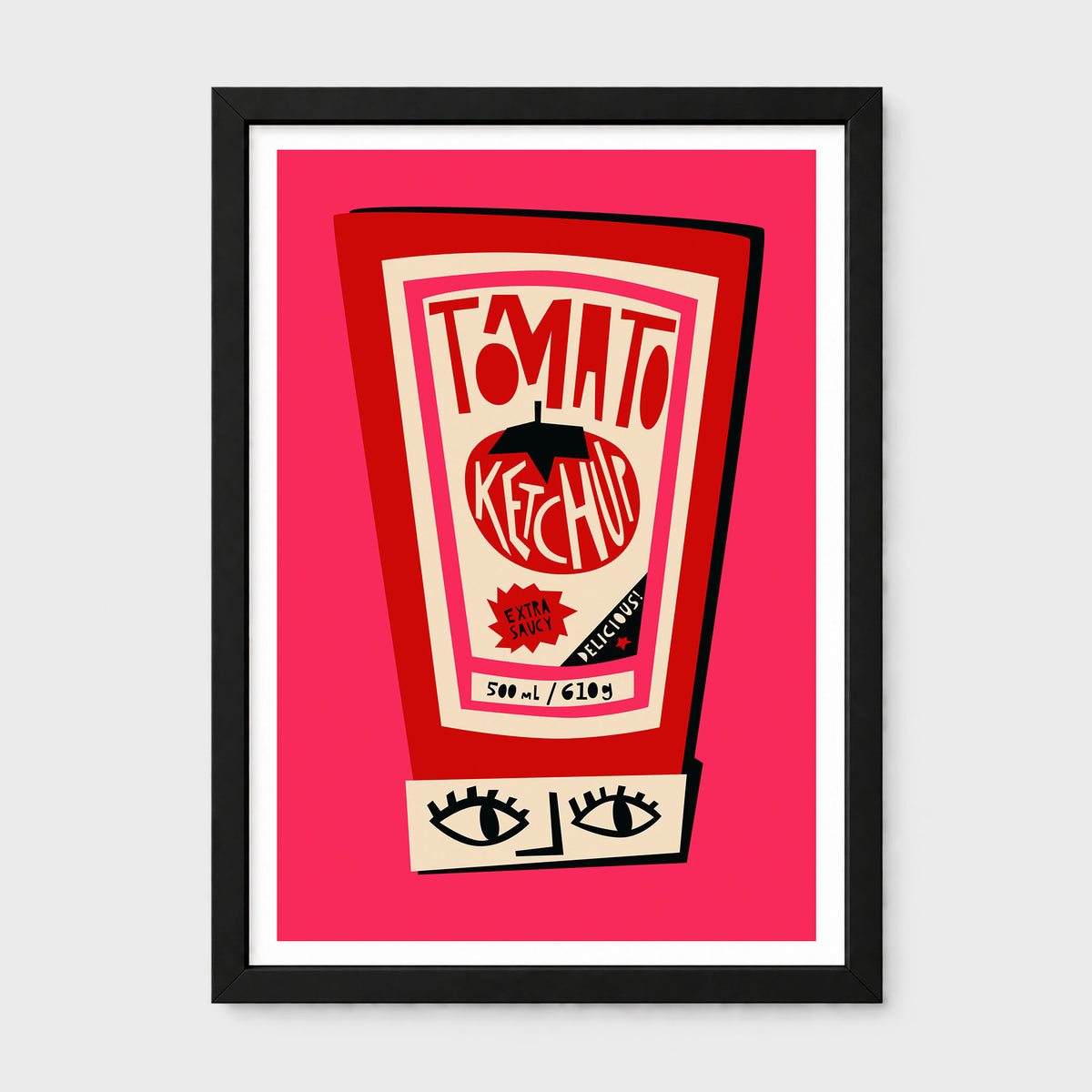 A framed pop-art print featuring a stylized tomato ketchup bottle on a bright pink background, enclosed in a black frame with a white mat.