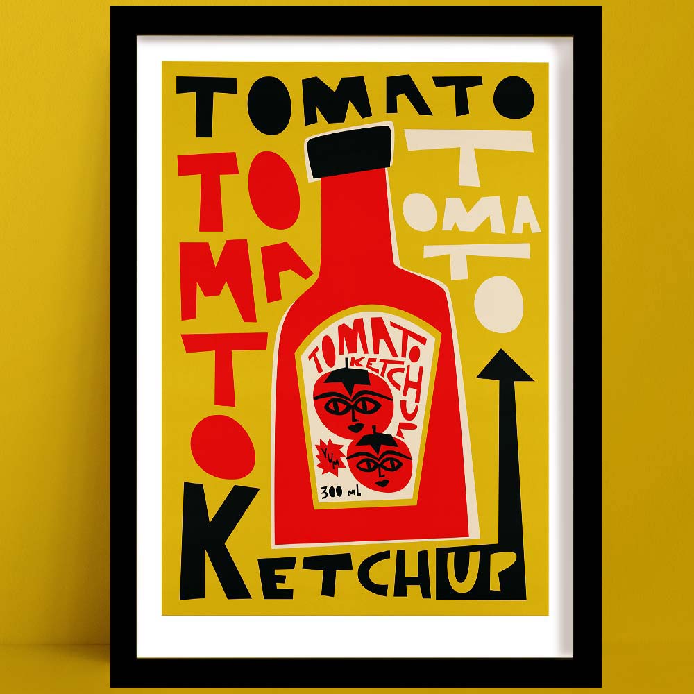 A Tomato Sauce Typography Art Print in a bold and playful art print featuring a stylised ketchup bottle surrounded by scattered retro-style lettering spelling “TOMATO KETCHUP” in various sizes and fonts.