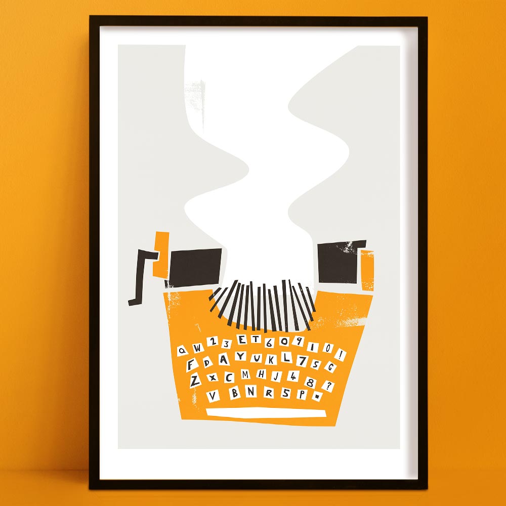 Black framed artwork of a typewriter on a white background.