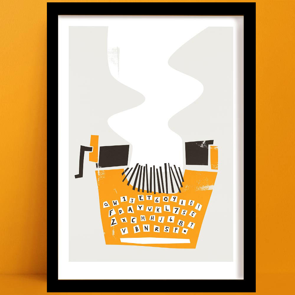 Black framed artwork of a typewriter on a white background.
