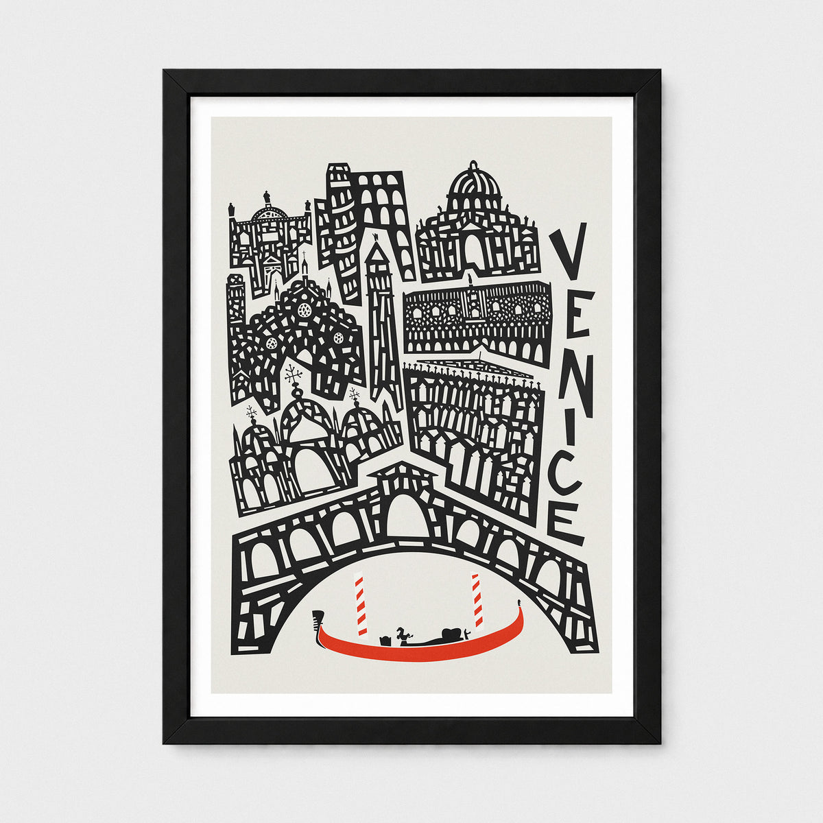 A framed art print featuring a stylized black line-art illustration of Venice, including buildings, an arched bridge, and a red gondola on a light beige background, shown against a light gray wall.