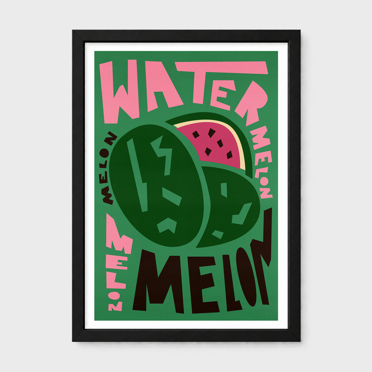A framed art print featuring a stylized watermelon illustration with the word 'WATERMELON' in pink and 'MELON' in dark brown, set against a green background and displayed on a light gray wall.