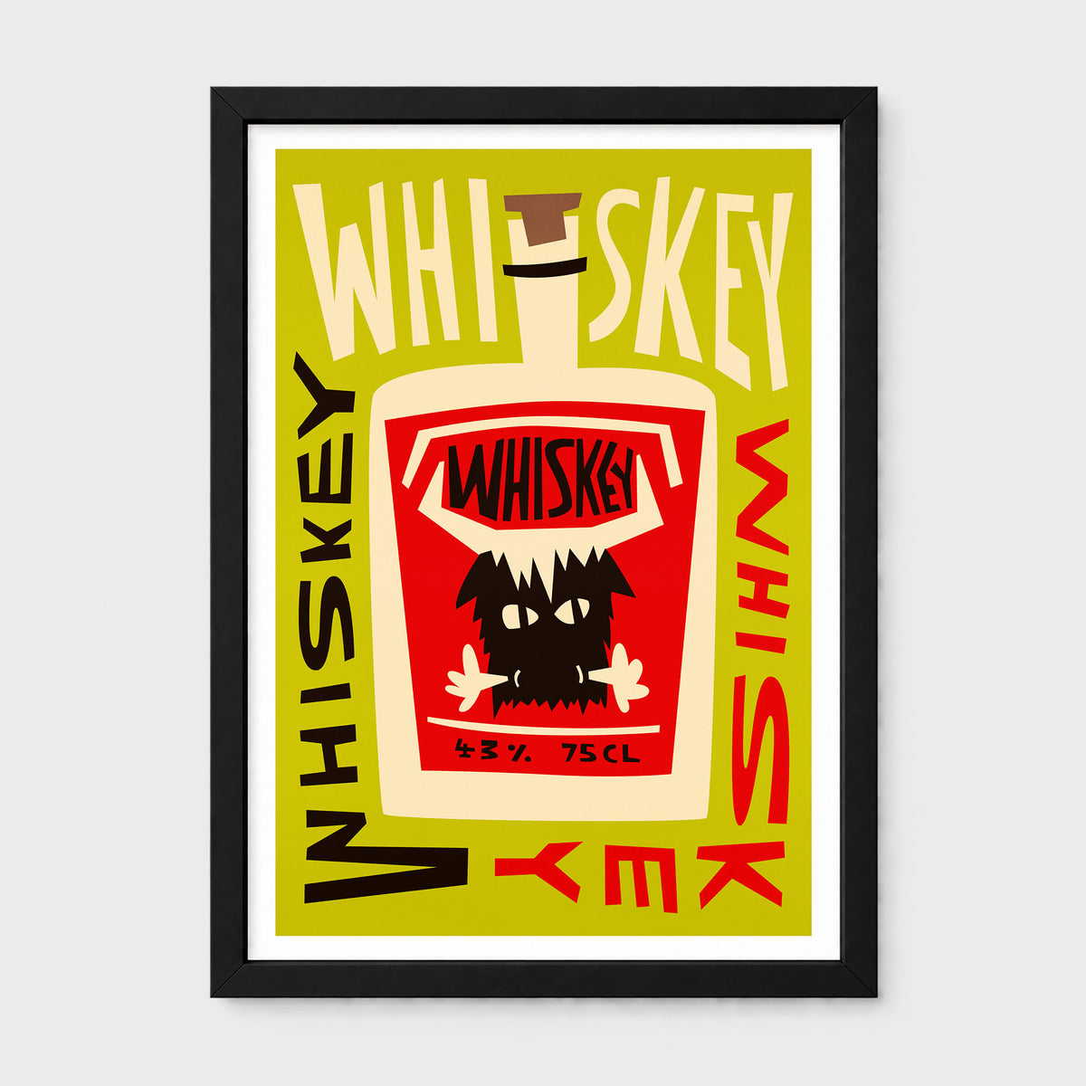 A framed art print featuring a stylized graphic of a whiskey bottle with a black cat on the label, set against a yellow-green background with bold red and cream text reading 'WHISKEY'. The print is enclosed in a white mat and a black frame, shown against a light gray background.