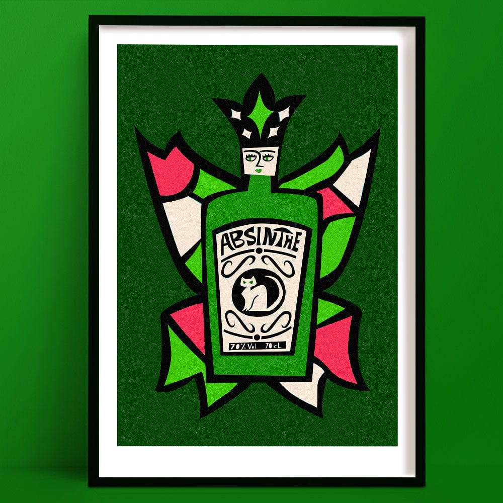 Absinthe print featuring a stylised green bottle with pink and black label design, framed on green wall.