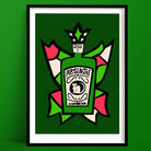 Absinthe print featuring a stylised green bottle with pink and black label design, framed on green wall.