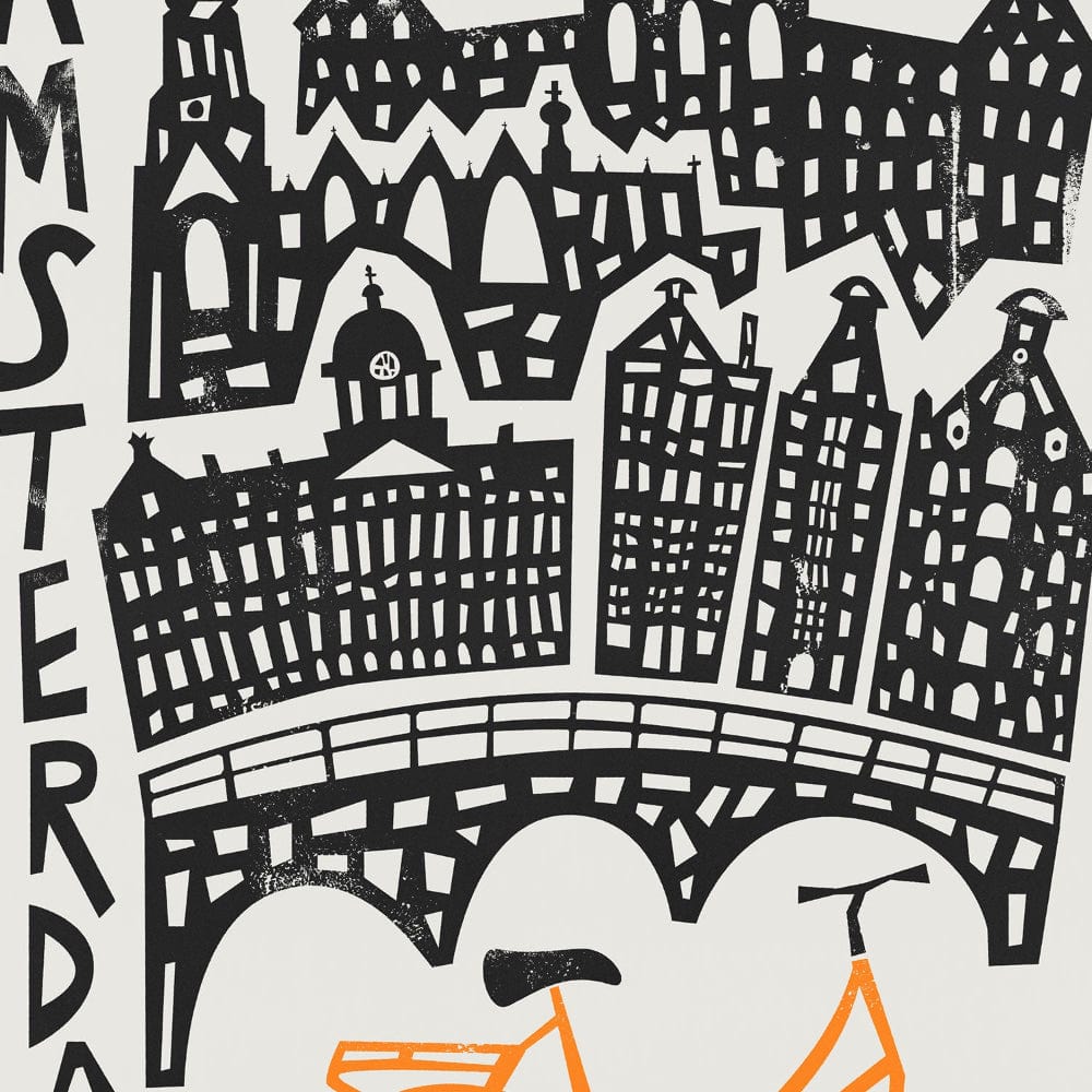 Close-up detail of the Amsterdam skyline print, highlighting the hand-drawn buildings and the curve of the canal arches with the bike below.